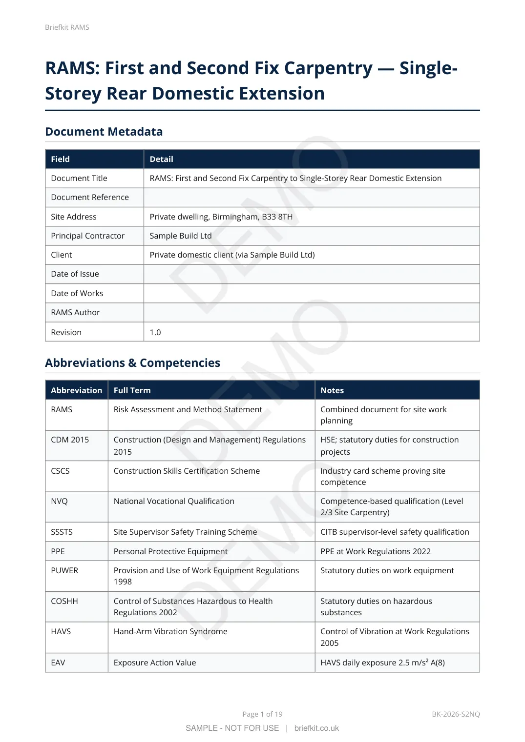 Sample Briefkit RAMS — page 1 (watermarked DEMO)